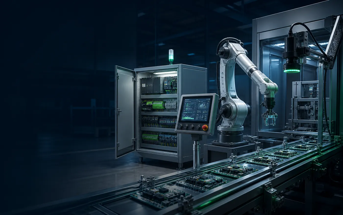 PLC, HMI, robot, konveyor ve makine gorusu entegre otomasyon sistemi